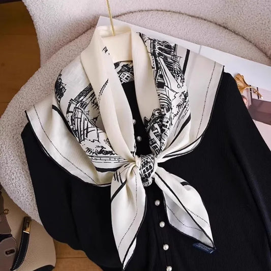 Black White View Print Twill Silk Scarf 90x90cm Women Fashion Square Neck Scarf Satin Kerchief Head Wrap Bandana Bag Decoration