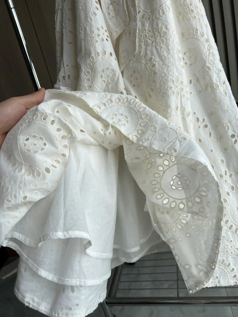 ETJ 2025 new  women's elegant fashion hollow embroidery cotton shirt lapel short-sleeved dress temperament long skirt