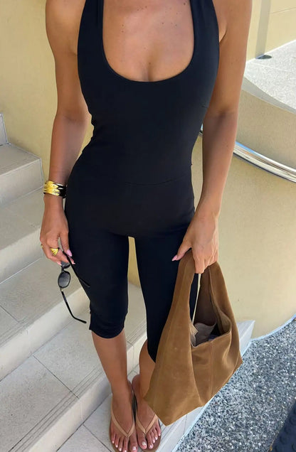 Sexy Playsuits Women Basic Solid Summer Casual Halter Low-cut Backless Stretch Skinny Rompers Female Gym Work Out One Piece New