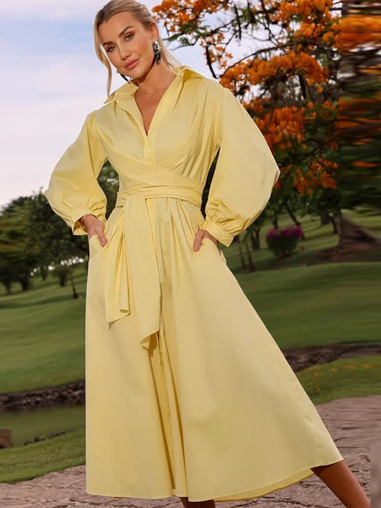 Fashion Women's Shirt Style Dress Waist-Closed Long Sleeve Turn-Down Collar Lace Up Dresses 2025 Summer Casual Female Vetidos