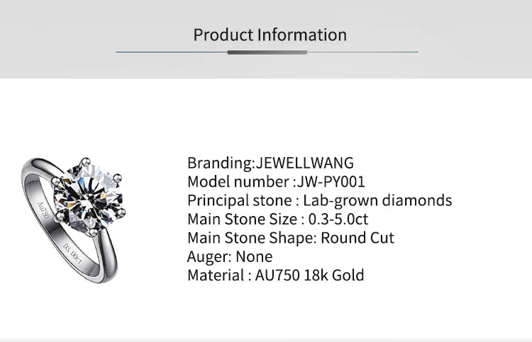 JEWELLWANG 18K Pure Gold Lab Grown Diamond Ring for Women 0.5-3.0ct D VVS Engagement/Wedding/6 Claws Luxury Synthetic Ring(IGI)