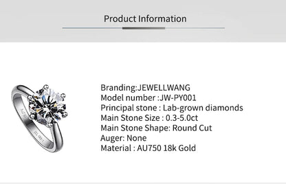 JEWELLWANG 18K Pure Gold Lab Grown Diamond Ring for Women 0.5-3.0ct D VVS Engagement/Wedding/6 Claws Luxury Synthetic Ring(IGI)