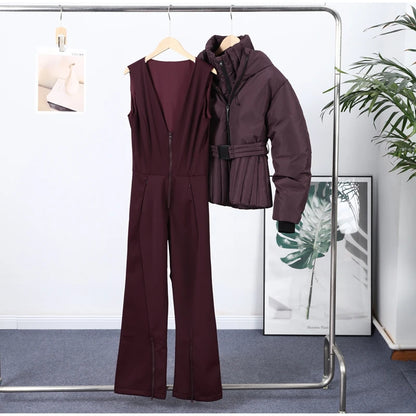 Women's Chic White Hooded Ski Jumpsuit with Waist Belt Warm Snowproof One-Piece Snow Wear Winter Sports Fashion Lady Snowsuit