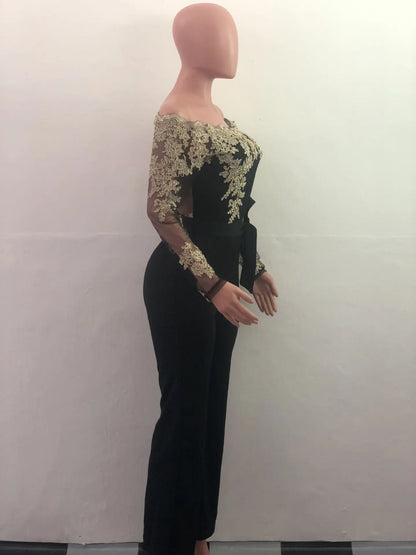 Womens Elegant Off Shoulder Long Pants Wide Leg Jumpsuits Floral Embroidery Lace See Through Cocktail Club Party Evening Rompers