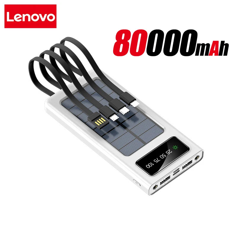 Lenovo Solar Power Bank 200000mAh Large Capacity Mobile Power Fast Charging Battery With Dual USB 4-Cables For iPhone Samsung