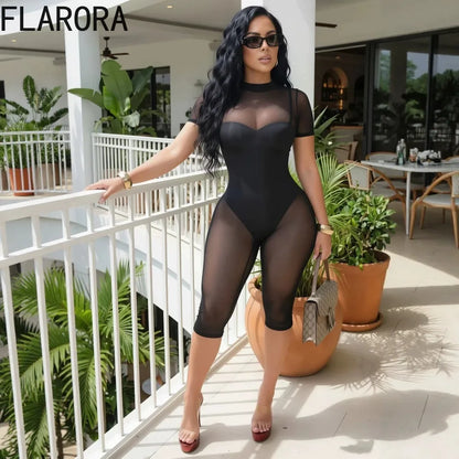 FLARORA Sexy Mesh See Through Rompers Woman Trend O Neck Short Sleeve Skinny Peach Hip Playsuits Stretch Midnight Party Clubwear