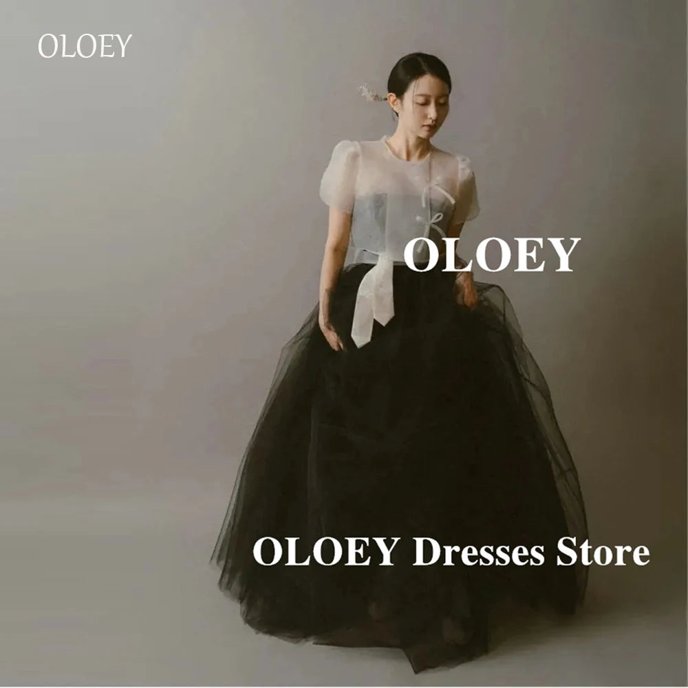 OLOEY Vintage 2 pcs Black And White Wedding Dresses Korea Photo shoot Hanbok Soft Tulle Bride Gowns Customized Formal Occasion
