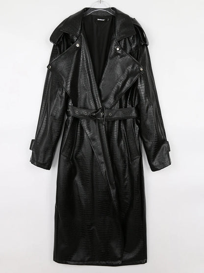 Nerazzurri Spring Autumn Long Oversized Colorful Snakeskin Print Patent Leather Trench Coat for Women Belt Runway Fashion 2022