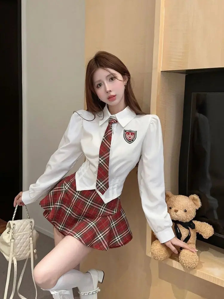 2025 improved cute sexy korea jk suit women autumn jk school uniform women shirt plaid pleated half skirt fashion two-piece set