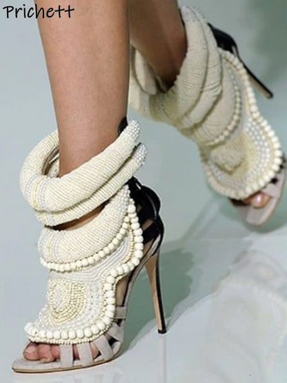 Pearl Ankle Band Sandals Peep Toe Ankle Band Hollow Narrow Band Shoes Women Back Zipper Summer Elegant Luxury Party Sexy Shoes