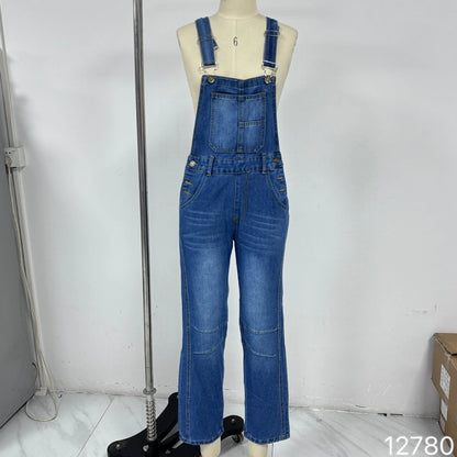 Women Overalls Jumpsuits Jeans One Piece Trousers Vintage Washed Distressed Denim Straight Cargo Pants Streetwear Suspenders