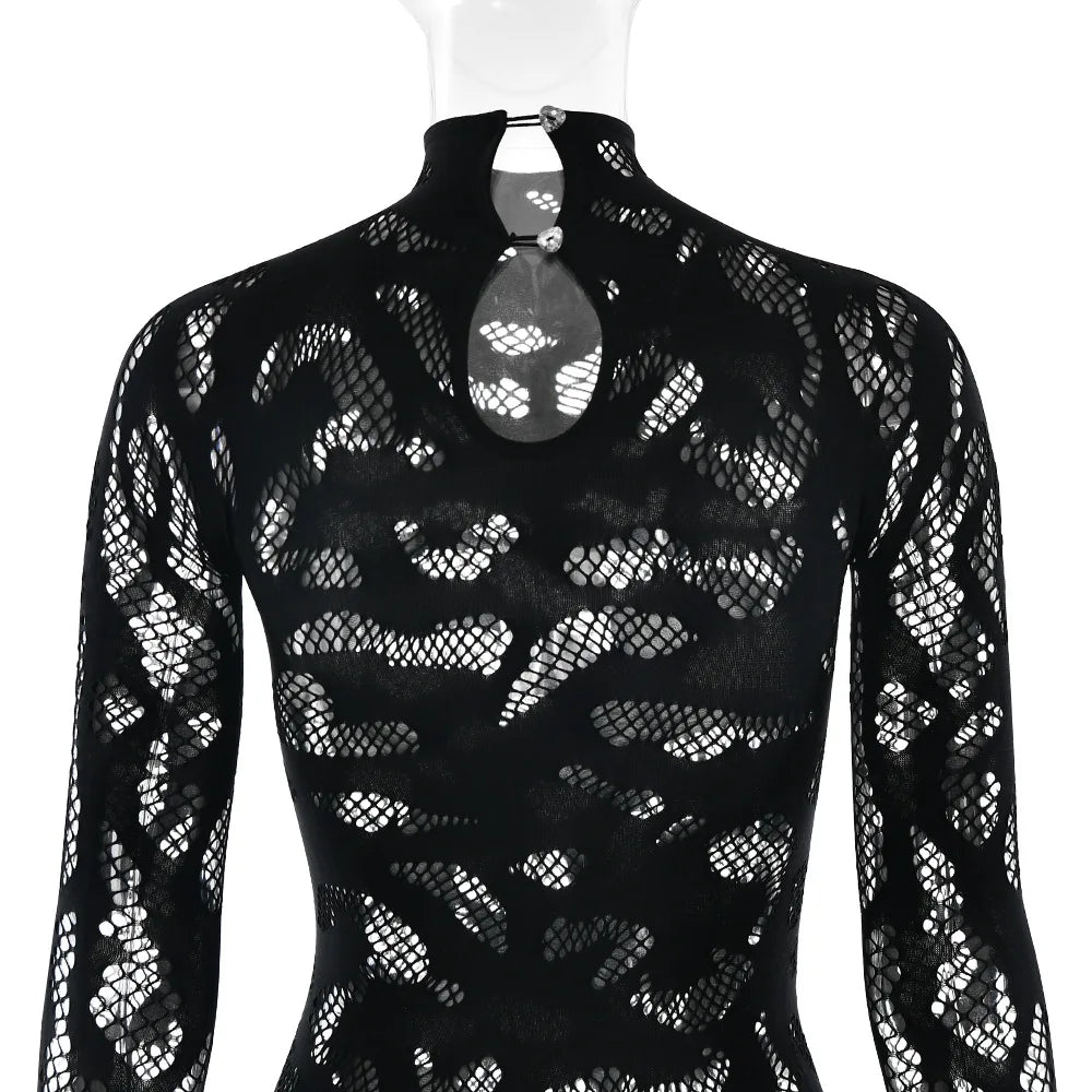 Weird Puss Irregular Hollow Jumpsuit Women Full Sleeve Button Sexy See Through Stylish Stretch Skinny Midnight Activity Overall