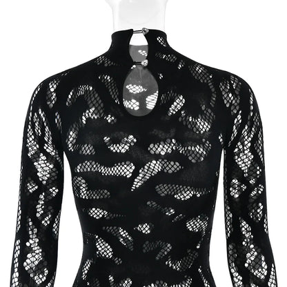 Weird Puss Irregular Hollow Jumpsuit Women Full Sleeve Button Sexy See Through Stylish Stretch Skinny Midnight Activity Overall