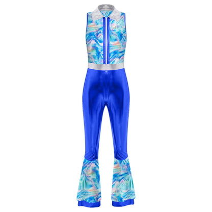 70s 80s Disco Costume Women's Streetwear Jumpsuit Shiny Clubwear Flared Long Pants Rompers Flares Metallic Hippie Party Outfit