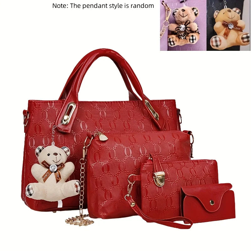 4 Pcs Women Handbag Set Embossed Pattern PU Leather Tote Bags Fashion Chain Shoulder Crossbody Bag Ladies Wallet Card Holder Purse With Bear Pendant Daily Shopping Handbags