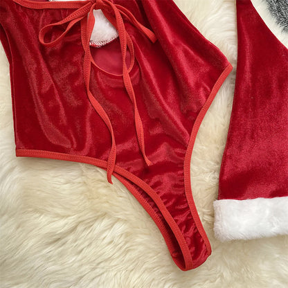 SINGREINY Christmas Cosplay Nightwear Playsuit Deep V Open Crotch Sheath Bodysuits Women Sexy Temptation Velvet Backless Rompers