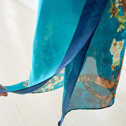 Women Boho Print Maxi Caftan Beach Shawl Elegant Holiday Silk Feeling Party Dress Scarf Summer Robe Turban Suit Pashmina Poncho
