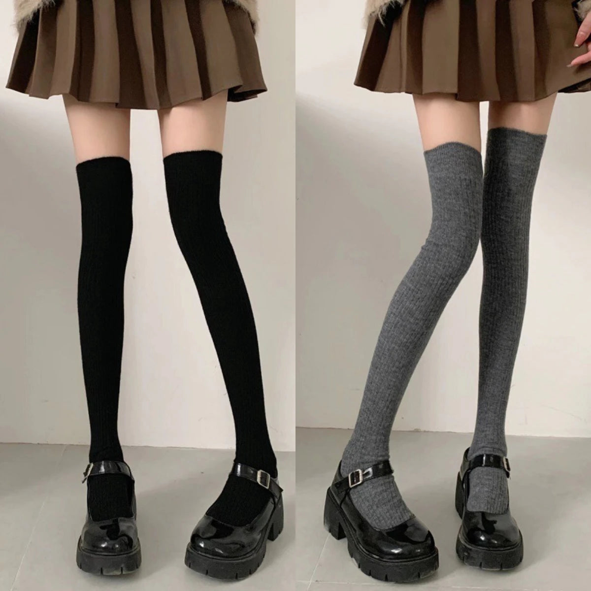 Autumn Winter Women's Stockings Girls Black White JK Lolita Long Tight Socks Vertical Stripes Cotton Over Knee Thigh High Socks
