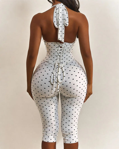 FAGADOER Cute Polka Dot Bodycon Rompers Hot Girl Streetwear Lace Up Bandage Corset Halter Jumpsuits Summer Night Club Playsuits
