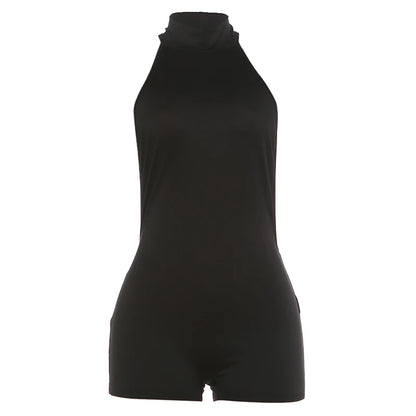 Whatiwear Playsuits Women Backless Turtleneck Sleeveless Solid Skinny Sexy Midnight Simple Classic Party Hottie Streetwear