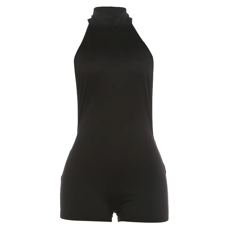 Whatiwear Playsuits Women Backless Turtleneck Sleeveless Solid Skinny Sexy Midnight Simple Classic Party Hottie Streetwear