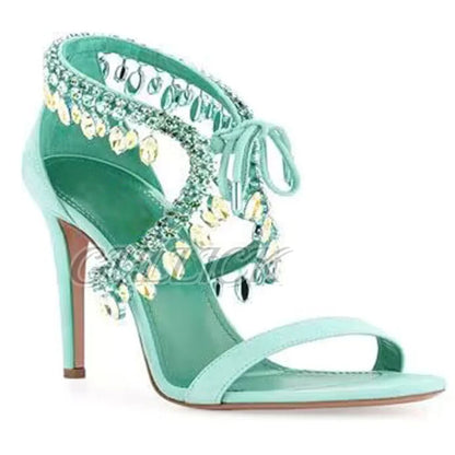 Rhinestones Heeled Sandals Crystal Heels Open Toe One Strap Women Luxury Designer Shoes Summer Elegant Sandalias De Mujer 2025