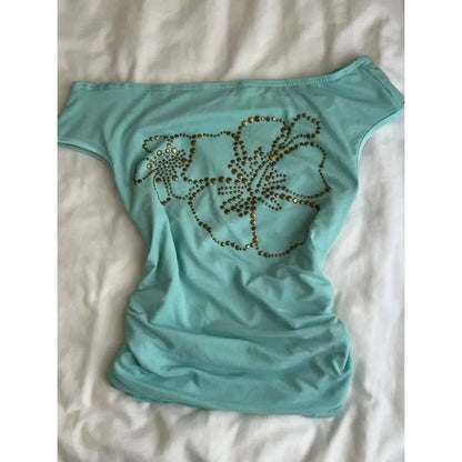Y2k Clothes T Shirt Women Green Beading Flowers Vintage Sexy Cropped Tops Street Fashion tees Skew Collar Slim Fit Ropa De Mujer