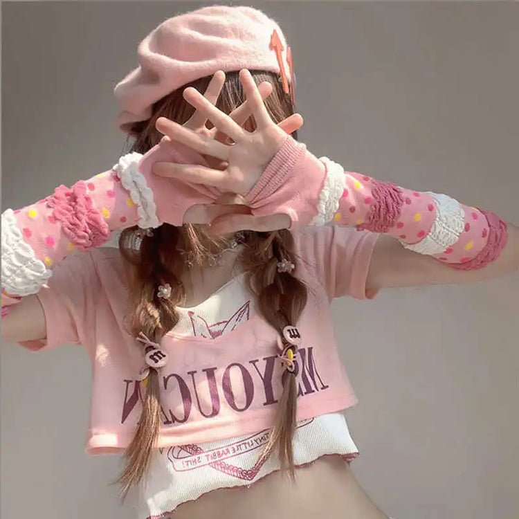 Pink Lolita Lace Bowknot Gloves Fingerless Gothic Winter Warm Sunscreen Sleeve False Sleeve Gloves Women JK Clothing Accessories