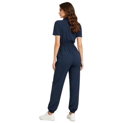 Womens Scrubs Jumpsuit Soft Stretch Medical Scrub Set with Pockets Front Zipper Elastic Waist Jogger Pants Nurse Doctor Workwear
