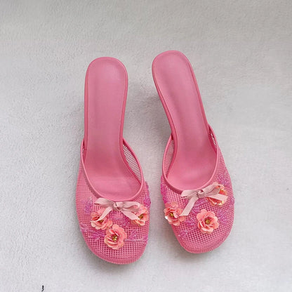 Summer mesh flower beads women slide sexy thin heel sandal