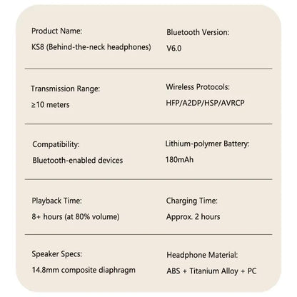 KS8 Open Air Conduction Neckband Sports Earphones Bluetooth 6.0 Ip56 Waterproof Wireless Headset For Running Fitness Commute