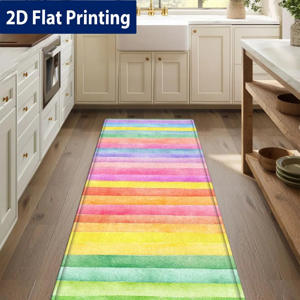 Watercolor Rainbow Stripe Kitchen Runner Rug, Non-Slip Washable Durable Mat for Kitchen, Laundry Room & Entryway