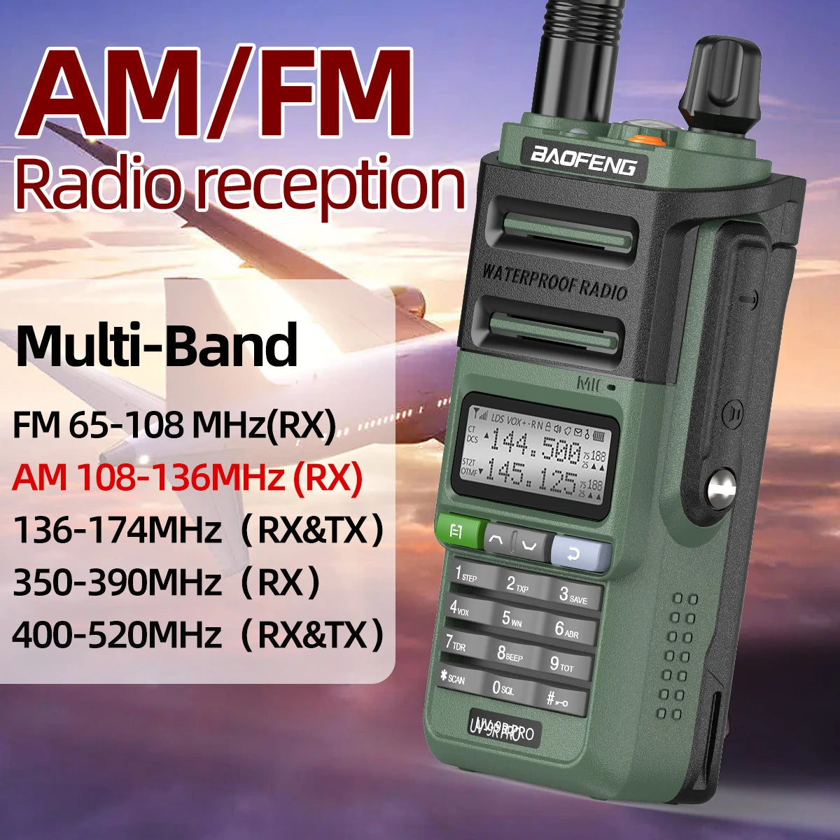 Baofeng UV-9R PRO Walkie Talkie IP68 Waterproof Full Band Wireless Copy Frequency 128CH AM FM Type-C Long Range Two Way Radio