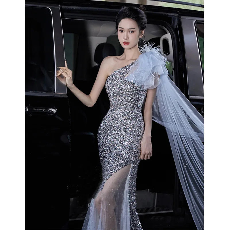 New High-end Sequin Temperament Fishtail Dress Wedding Guests Important Occasion Dress Host Stage Clothes Quinceanera Dresses