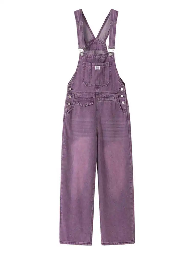 Vintage Purple Denim Overalls Women Spring Autumn High Waist Straight Jumpsuits Female Loose Casual Suspender Jeans