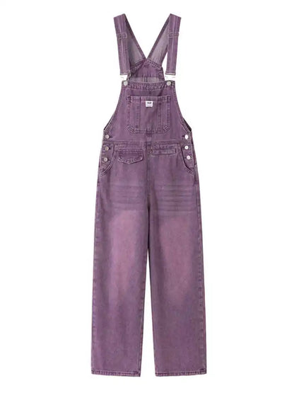 Vintage Purple Denim Overalls Women Spring Autumn High Waist Straight Jumpsuits Female Loose Casual Suspender Jeans