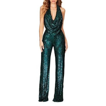 Sequins Sexy Jumpsuits Women Halter Fashion Summer Party Elegant Sleeveless Female New High Waist Street Straight Rompers