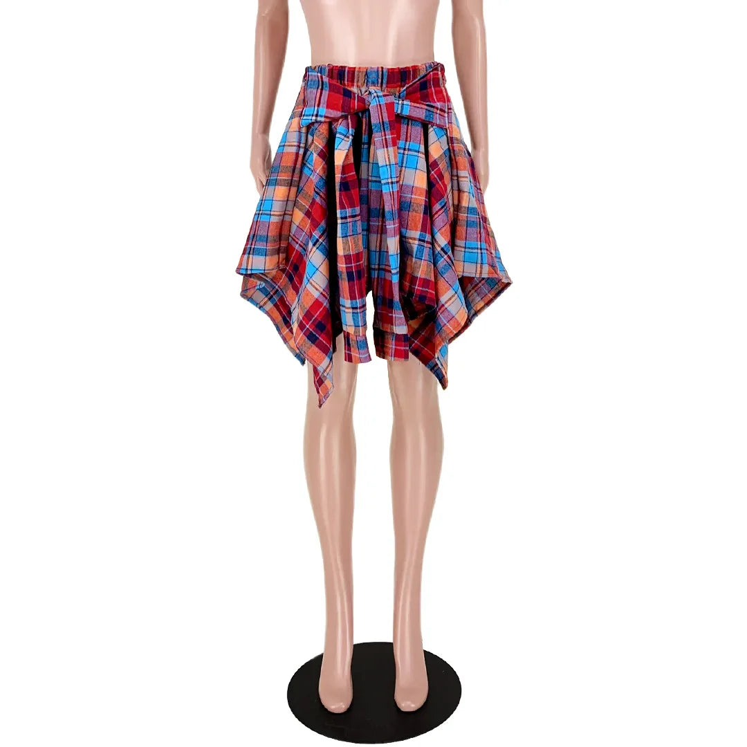 Womens Plaid Skirts High Elastic Waisted Knot Front Asymmetrical Hem Mini Skater Skirt Y2K Streetwear A Line Pleated Skirts