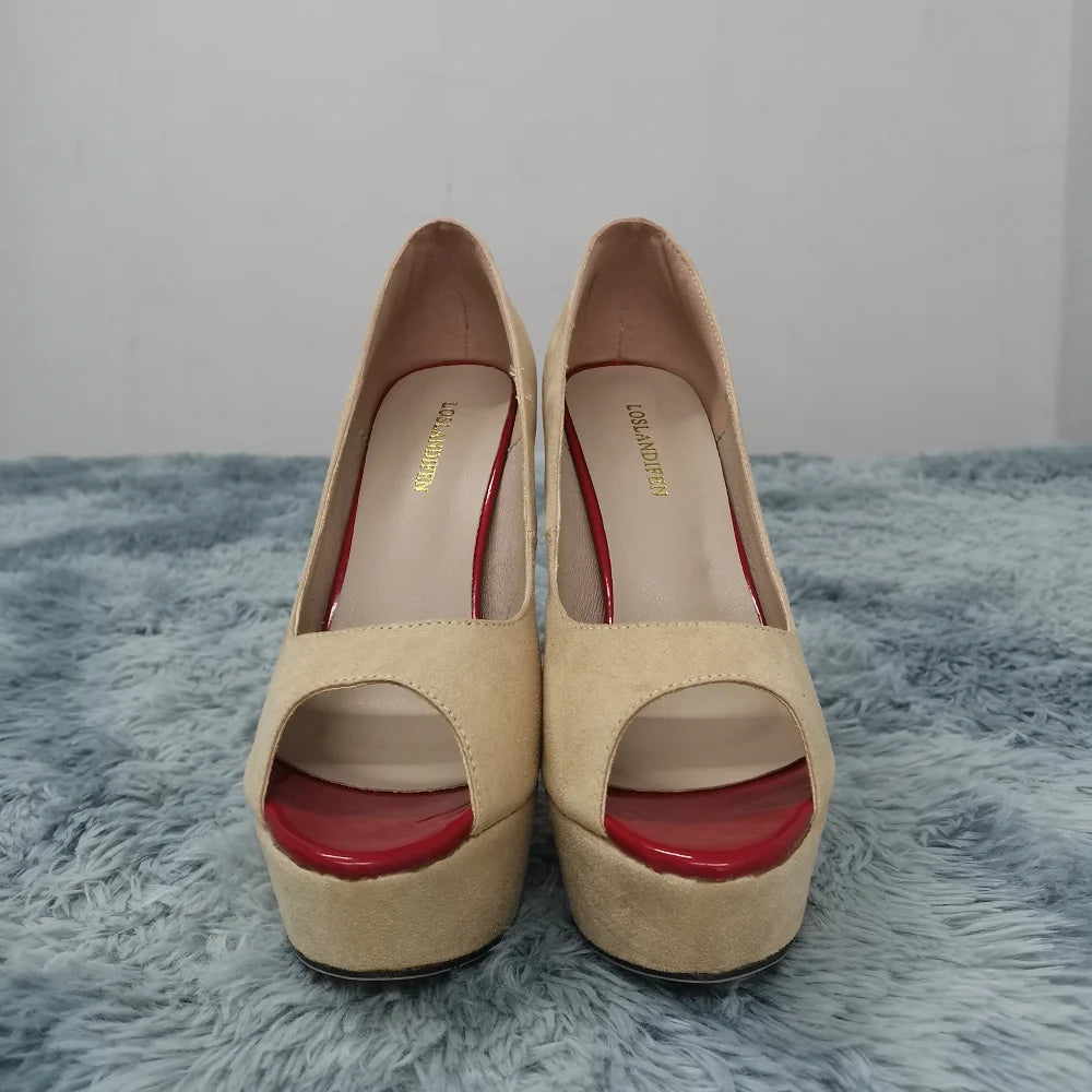 2026 Women Pumps New Fashion 14cm Sexy Peep Toe High Heels Velvet Platform Thin Heel Lady Party Dance Red Wedding Woman Shoes