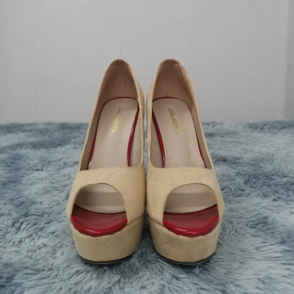2026 Women Pumps New Fashion 14cm Sexy Peep Toe High Heels Velvet Platform Thin Heel Lady Party Dance Red Wedding Woman Shoes