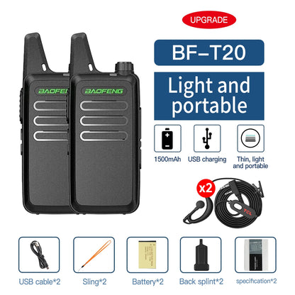 2 STUKS Mini Walkie Talkie BF-T20 Portable Two Way Radio Opladen USB VOX Voor UHF 400-470MHZ Lange Afstand Communicatie Radio Up