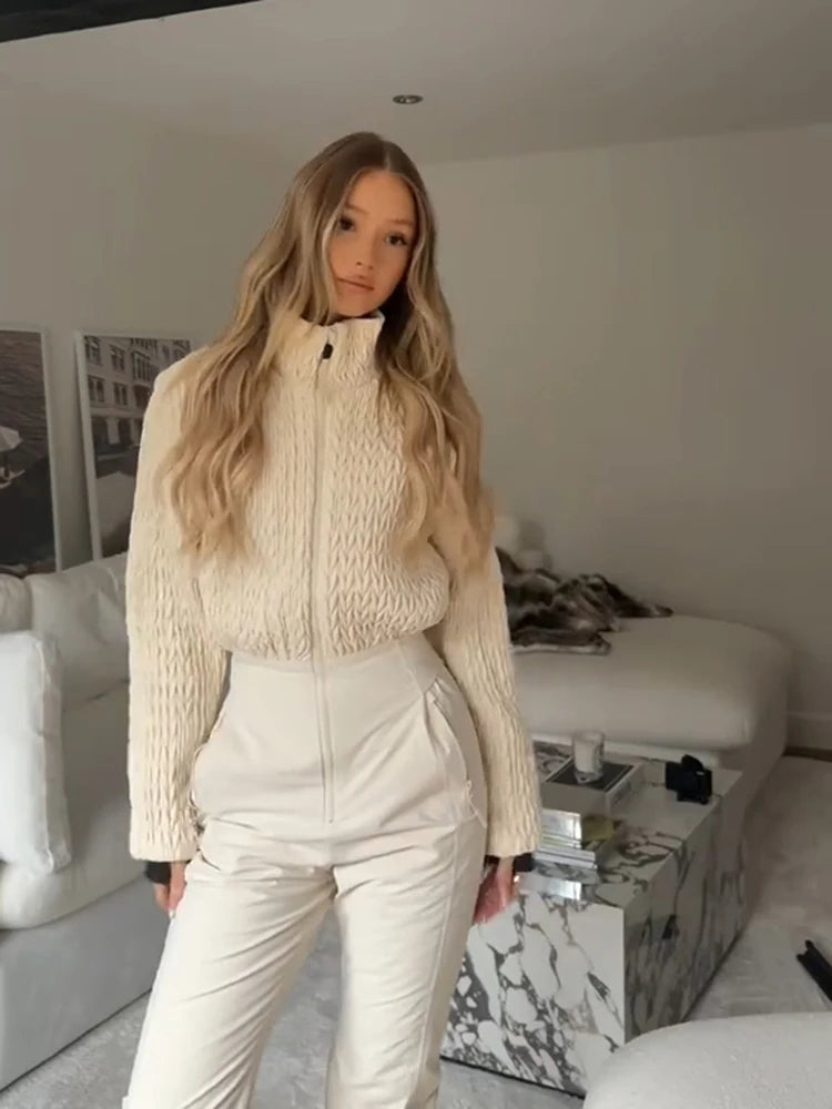 Fashion Women's Ski Jumpsuit High Neck Full Sleeve Knit Patchwork Straight Warm Thick Female Jumpsuits 2026 Winter Lady Skiwear