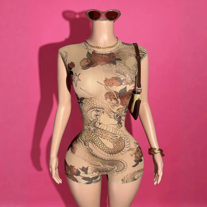 STYLISH LADY Sexy Dragon Rose Tattoo Print Mesh Romper 2026 Summer Women Backless Slim Fit Clubwear One Piece Shorts Jumpsuits