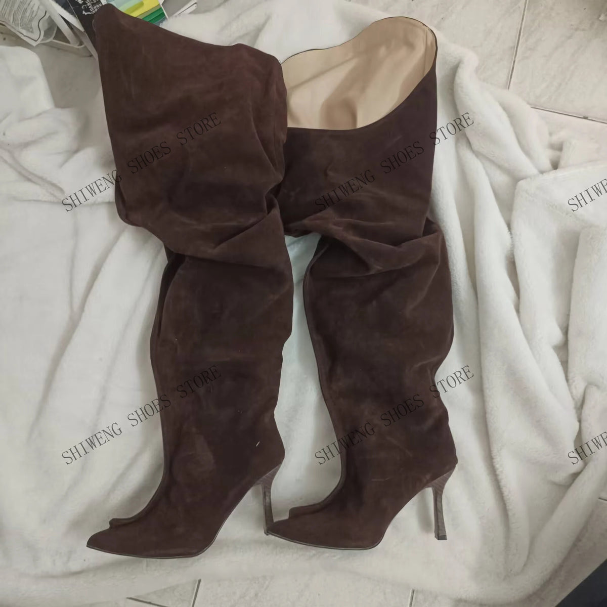 2026 Brown Suede Pointed Toe Loose Wide Calf Slip On Over The Knee Boots Women Run Way Thin Heel Thigh Long Boots 44