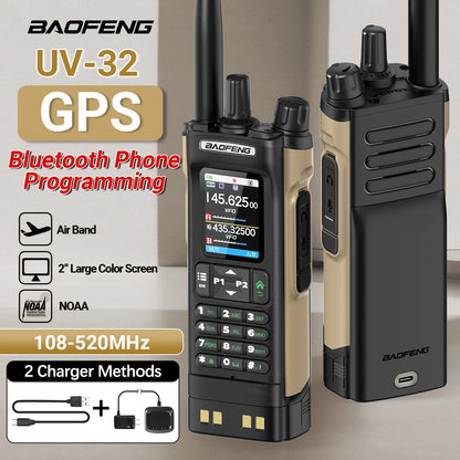 BAOFENG UV-32 Walkie Talkie GPS Multi Band 10W Bluetooth Wireless Programming Copy Frequency 1000CH Long Range Ham Two Way Radio