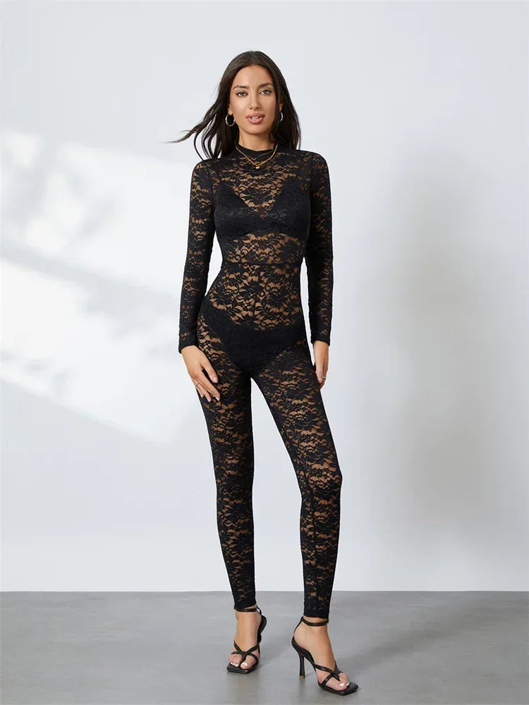 2026 Women's Sexy and Elegant Summer New Sexy Hot Black Lace Jacquard Hollow See-Through Long Sleeve Slim Jumpsuit
