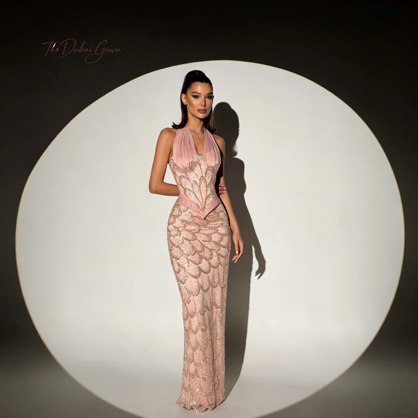 Elegant Pink Halter Neck Strapless Sleeveless Floor Length Mermaid Formal Gown Featuring Sequin and Bead Embellishments