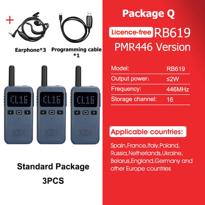 Retevis RB619 Mini Walkie Talkie PMR446/FRS 1650mAh Portable Long Range Two Way Radio Type-C Programmable for Restaurants Hotels