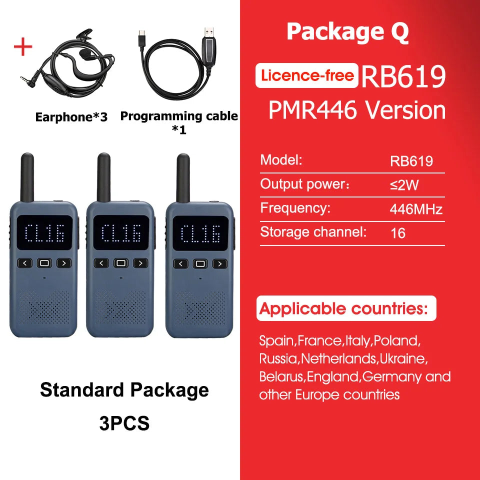 Retevis RB619 Mini Walkie Talkie PMR446/FRS 1650mAh Portable Long Range Two Way Radio Type-C Programmable for Restaurants Hotels