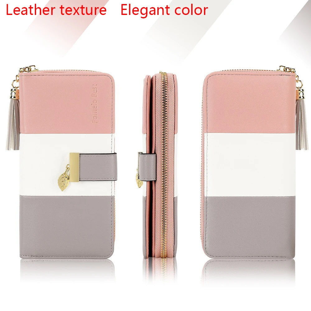 Pomelo Best Tri-color Women's Wallet Zipper Long Billfold PU Leather Large 9 Card Slots Coin Purse RFID Blocking Tassel Pendant